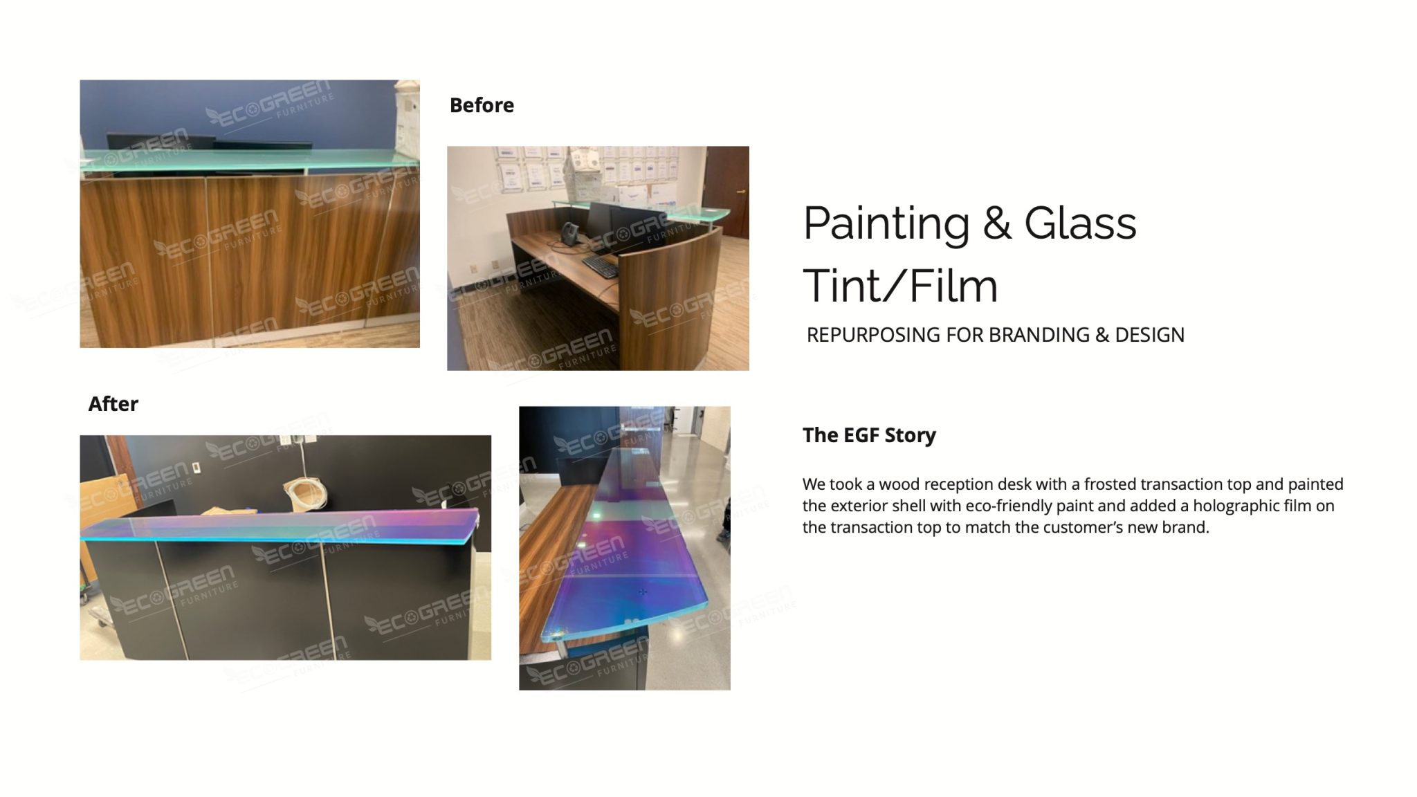 Repurposed Wood Reception Desk with Holographic Film